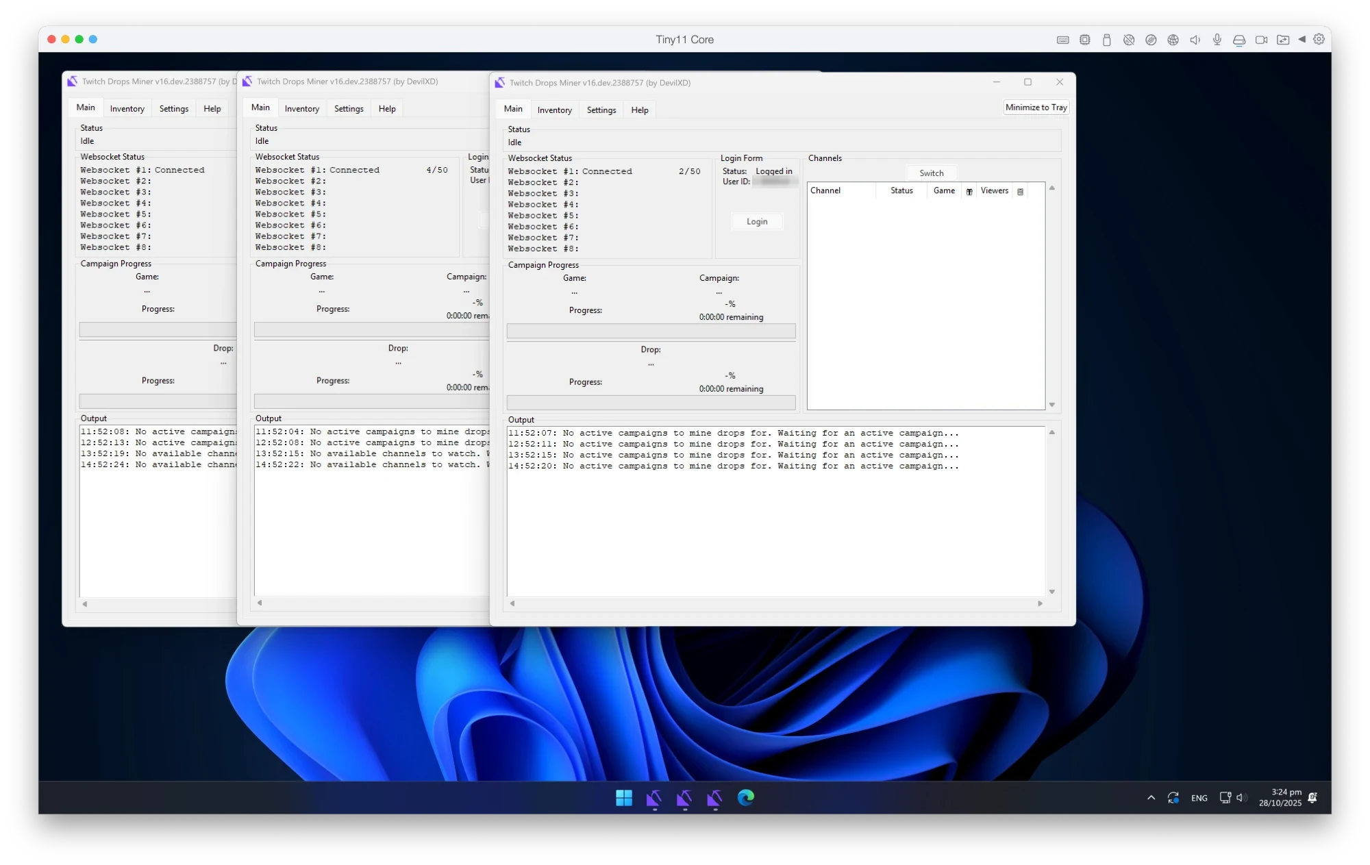 Three Twitch Drops Miner windows open side by side inside a Windows 11 virtual machine running on macOS