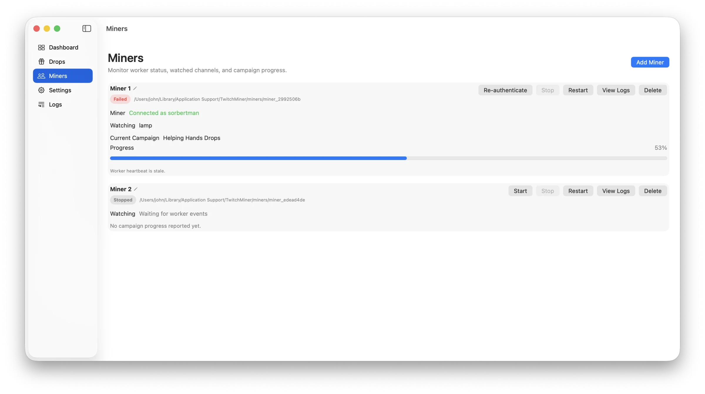 The original TwitchMiner dashboard showing two Twitch accounts in a native Mac window