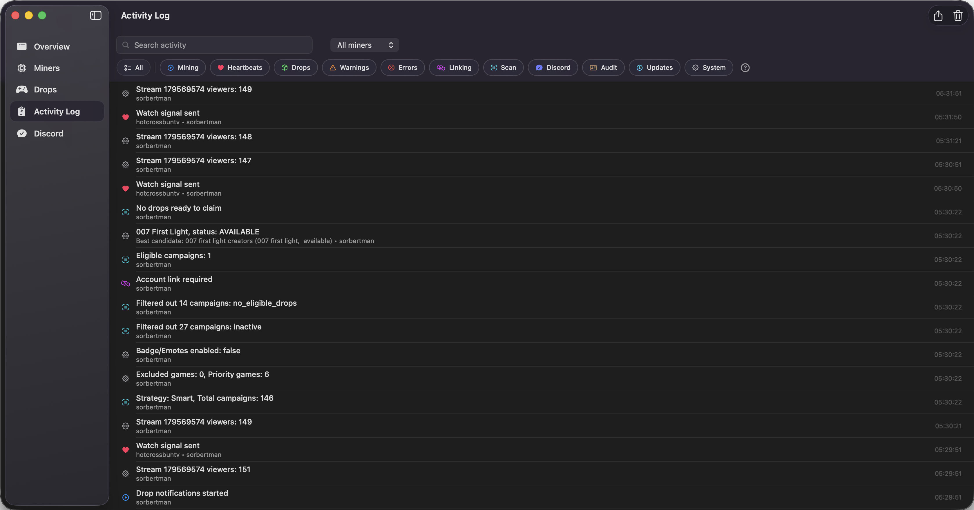Activity Logs Screen