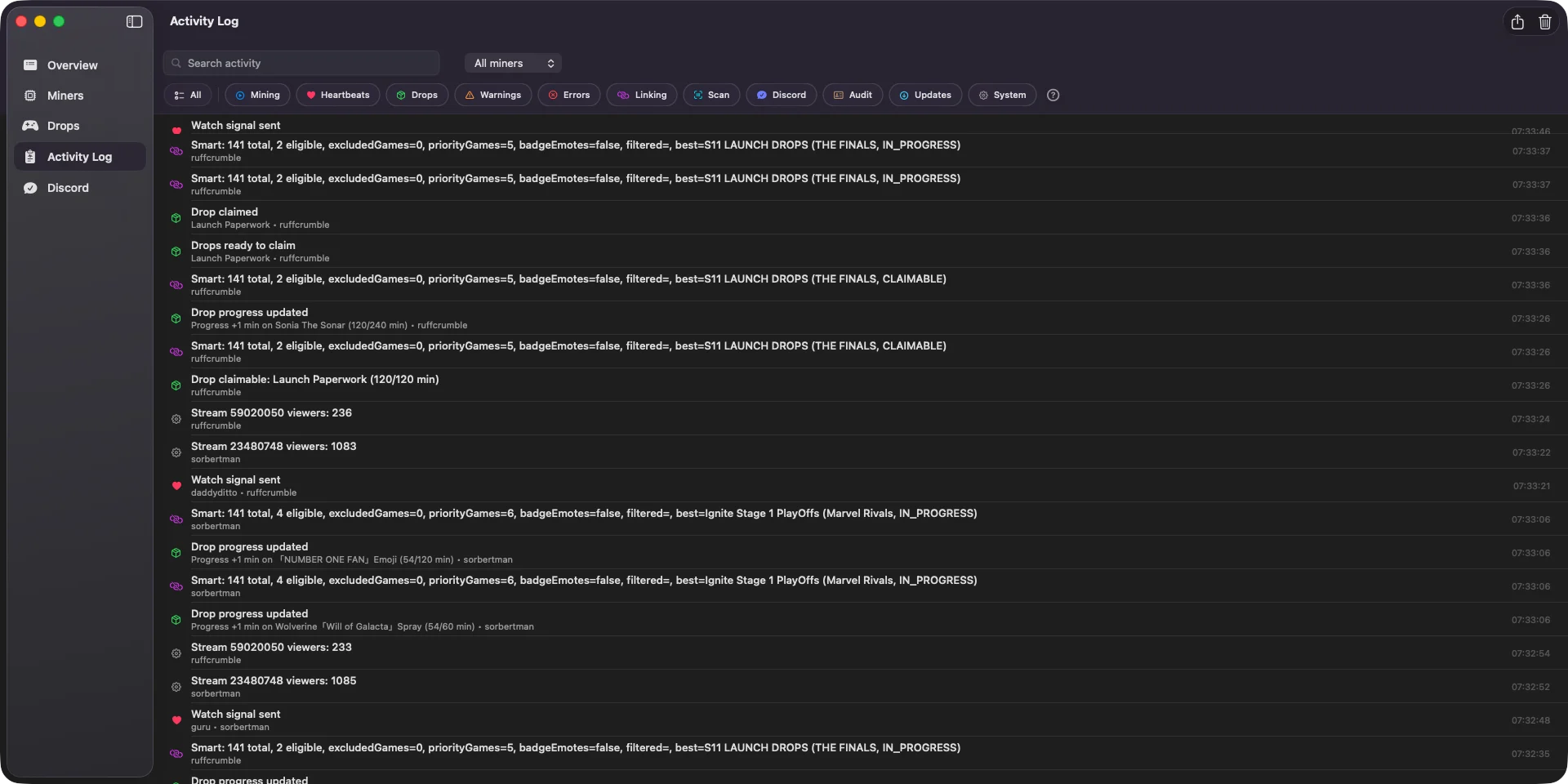 Activity Logs Screen