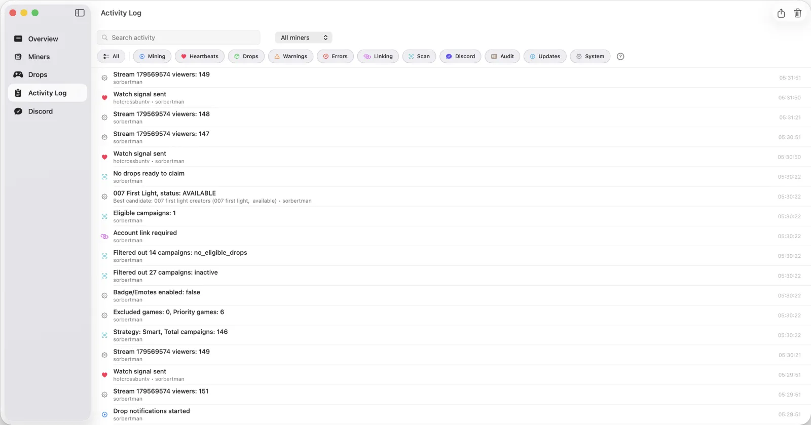 SwiftMiner Activity Log