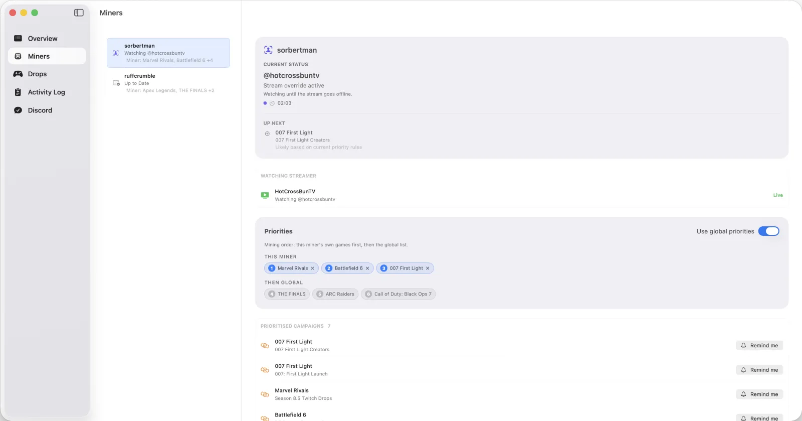 SwiftMiner Miners List