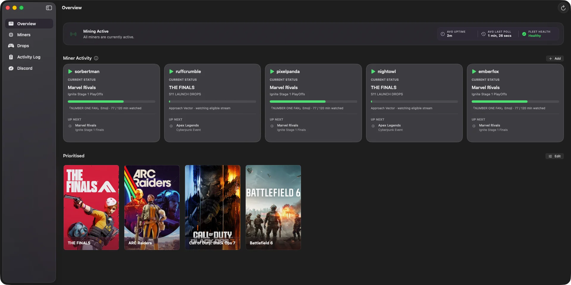 SwiftMiner Overview showing five Twitch accounts mining simultaneously with their current campaigns and next rewards
