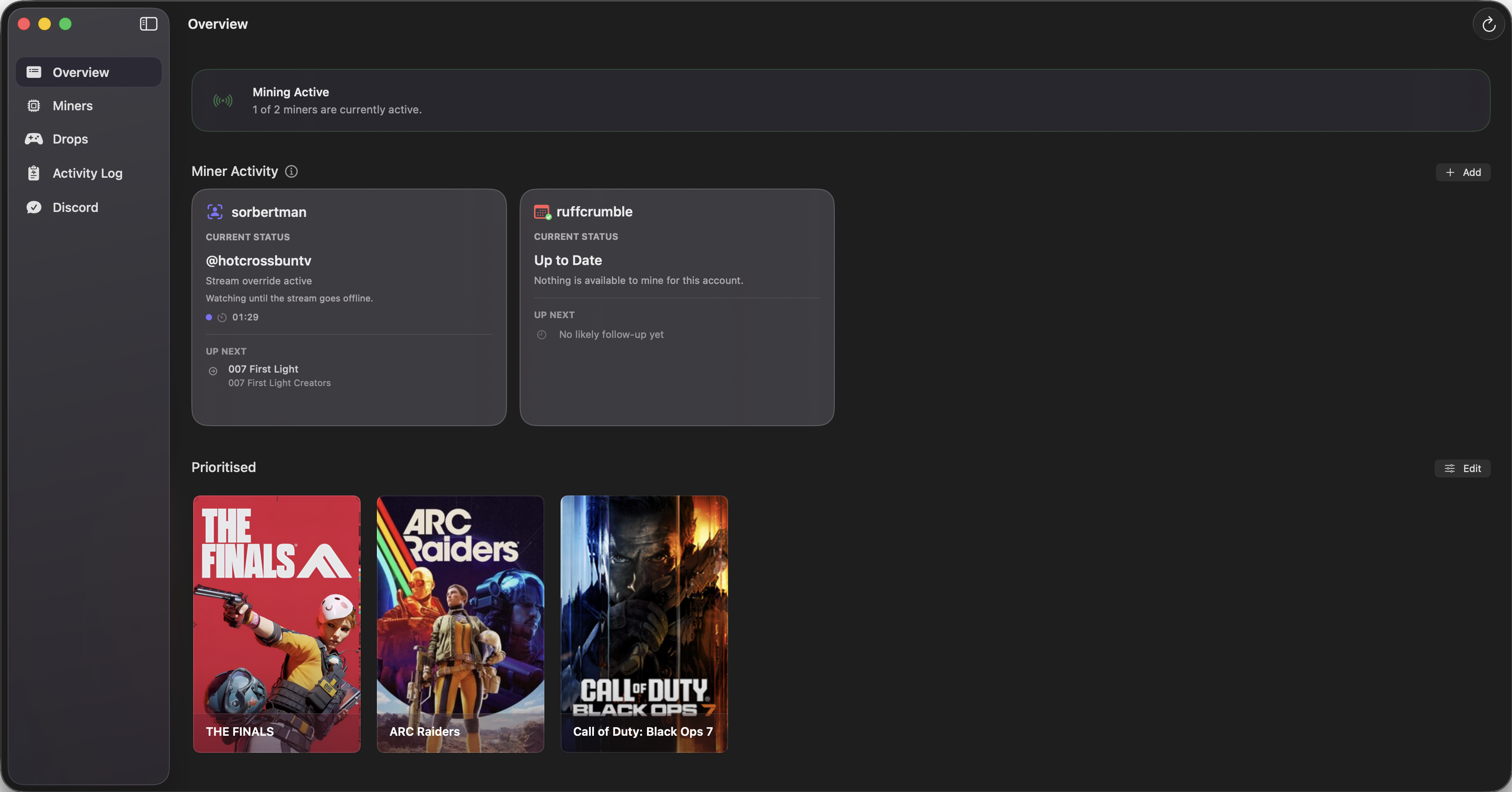 SwiftMiner overview dashboard showing active Twitch Drops campaigns on macOS