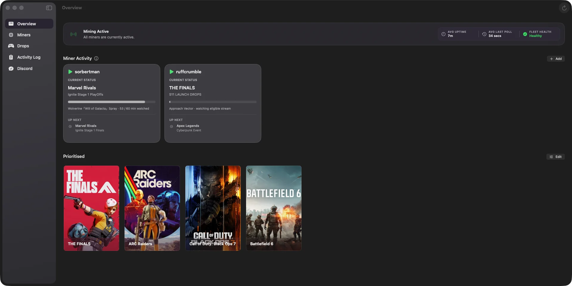 SwiftMiner Twitch Drops miner dashboard showing active campaigns on macOS