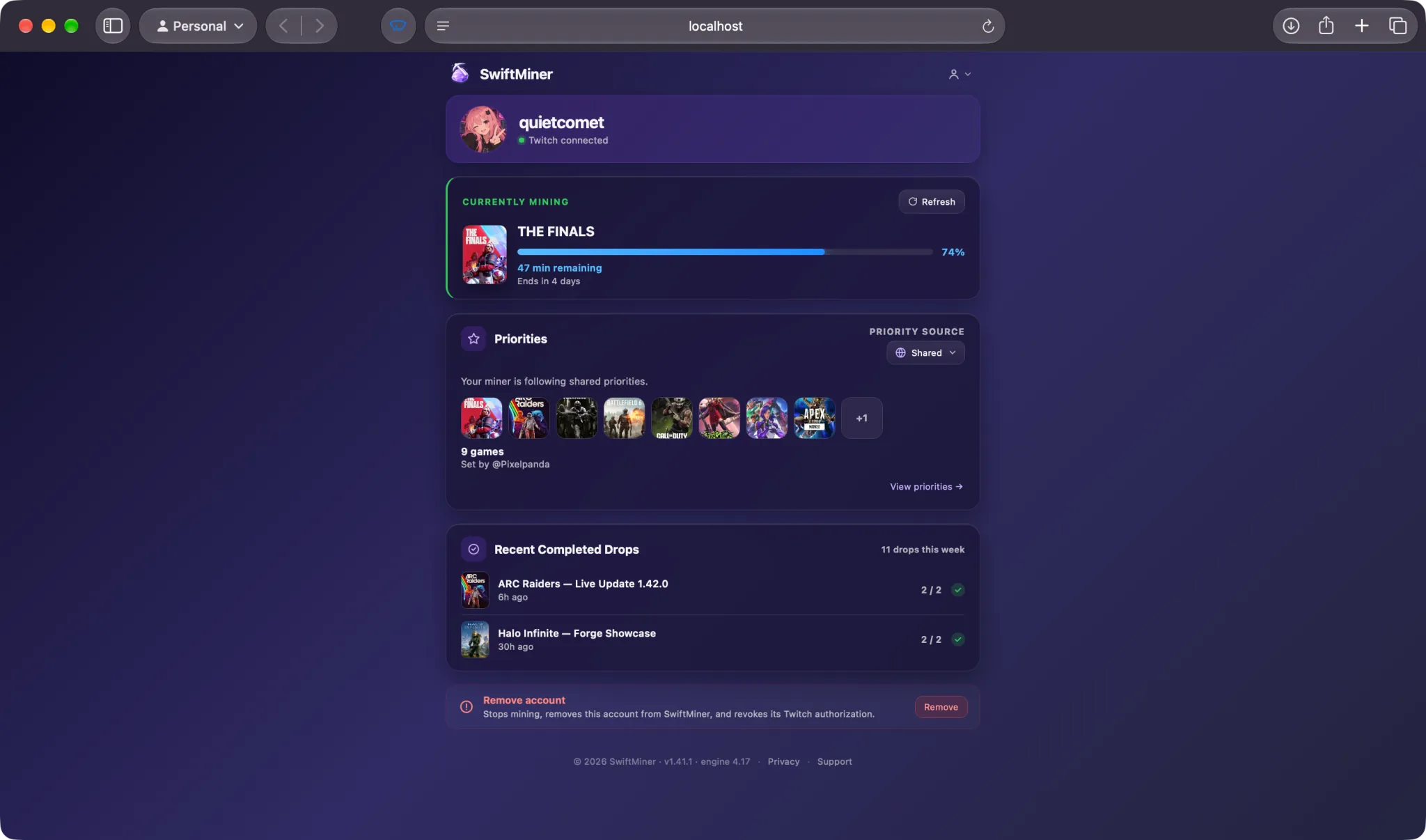 SwiftMiner Web Dashboard showing a linked Twitch account's Drop progress and priorities