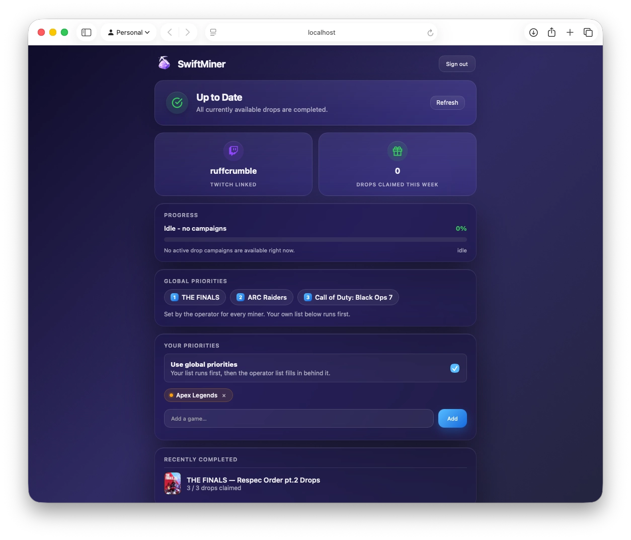 SwiftMiner Web Dashboard showing active Twitch Drops miners in a browser