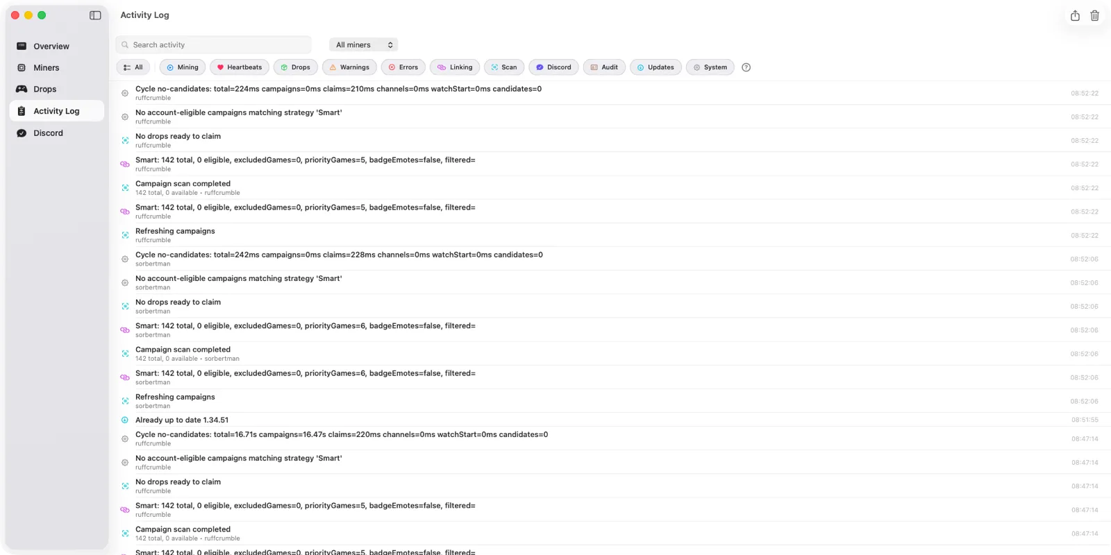 SwiftMiner Activity Log