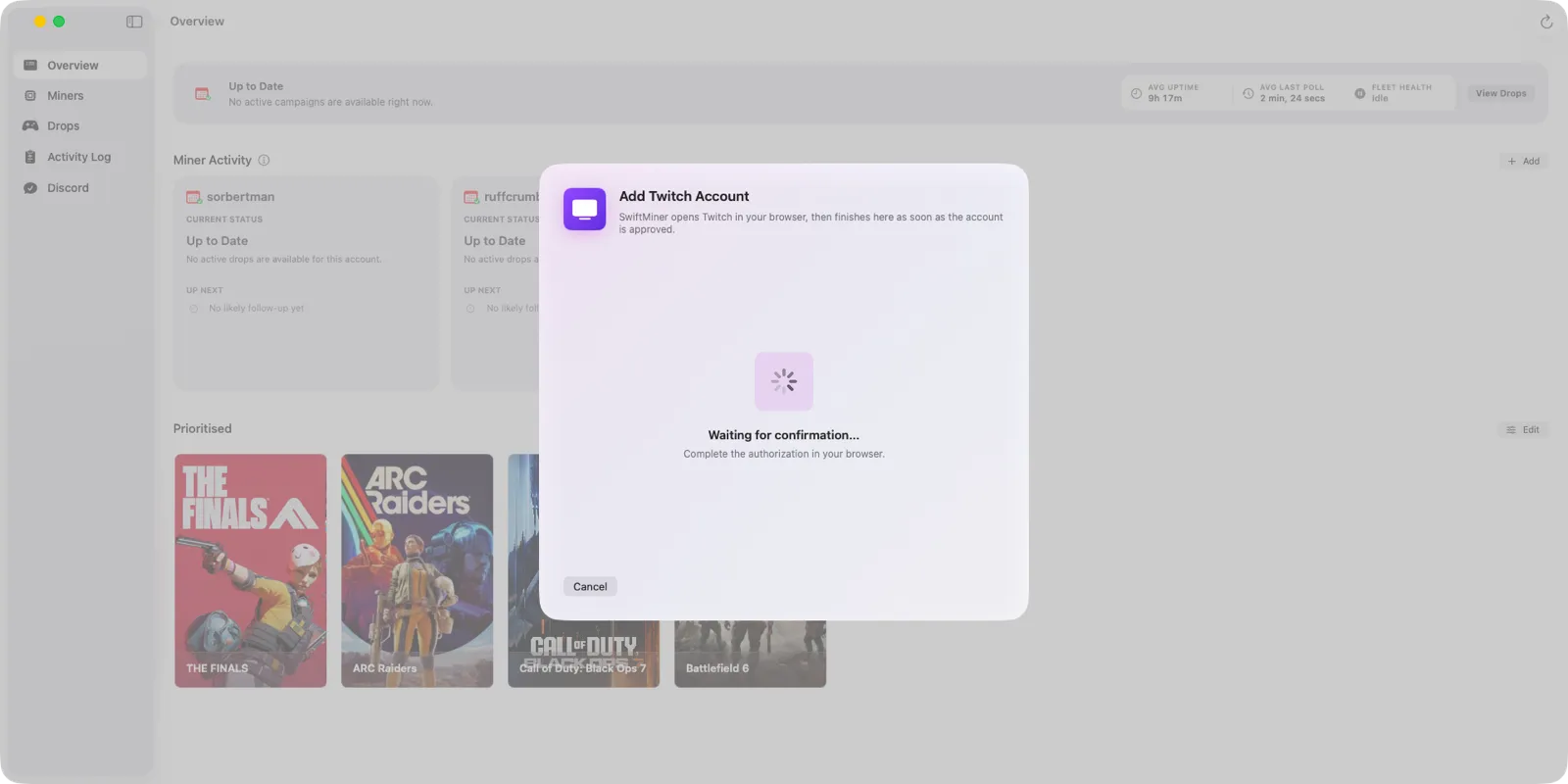 SwiftMiner Add Twitch Account sheet