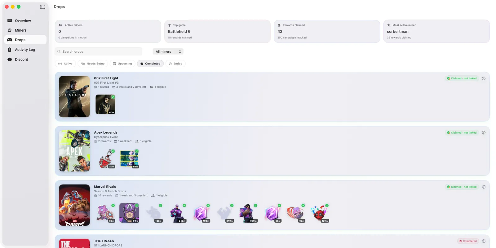 SwiftMiner Drops List