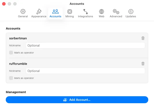 SwiftMiner Accounts settings