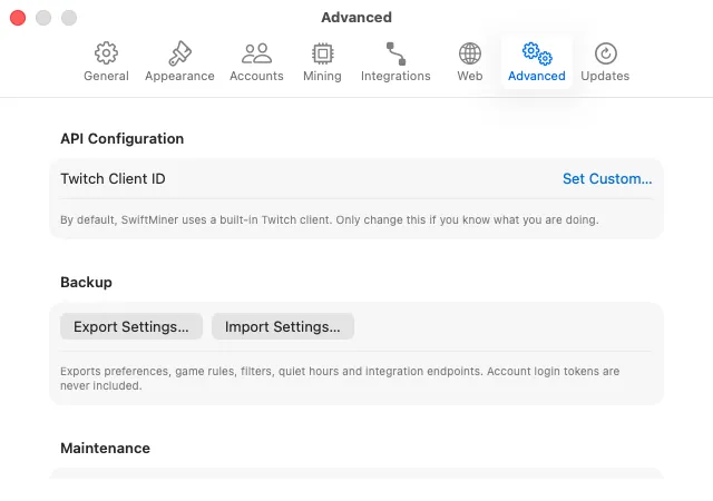 SwiftMiner Advanced settings