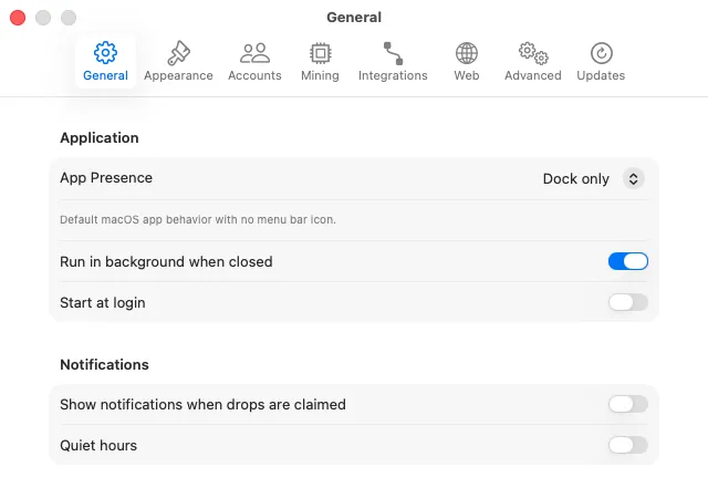 SwiftMiner General settings
