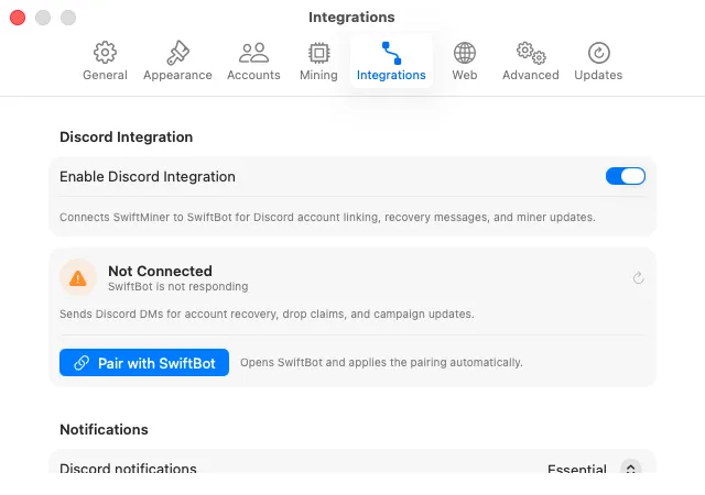 SwiftMiner Integrations settings