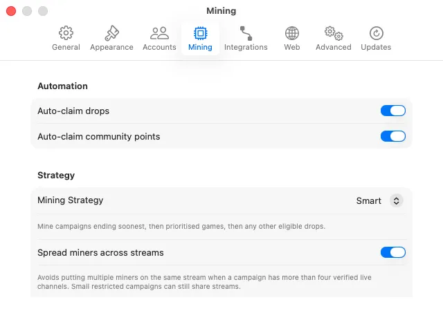 SwiftMiner Mining settings