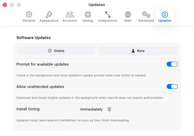 SwiftMiner Updates settings