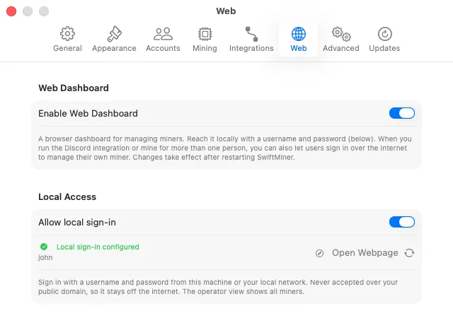 SwiftMiner Web settings